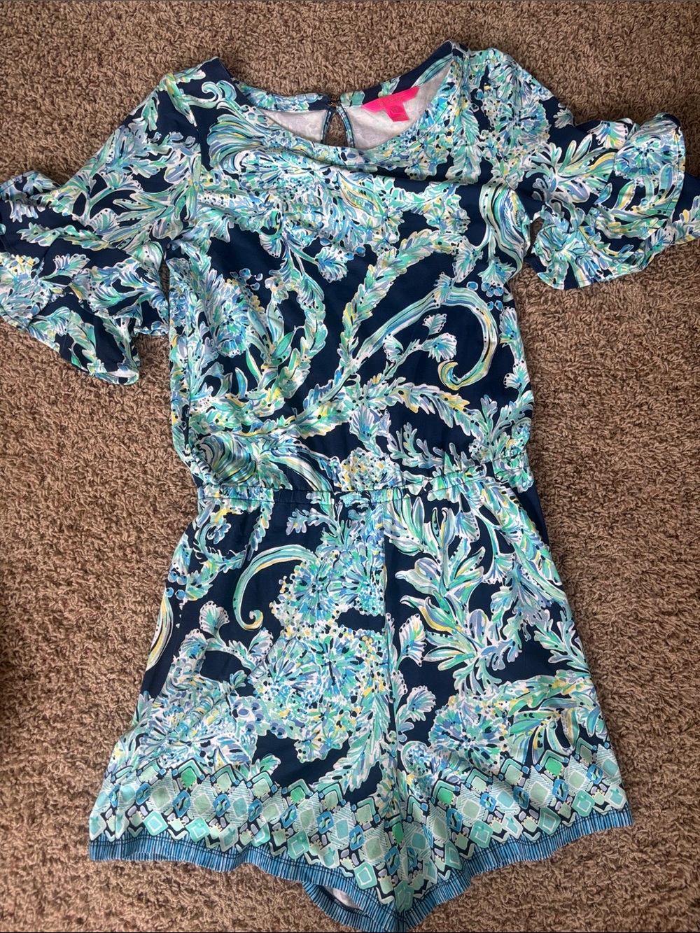 Worn Once Lilly Pulitzer Navy Floral Paisley Print Romper with Aqua Accents